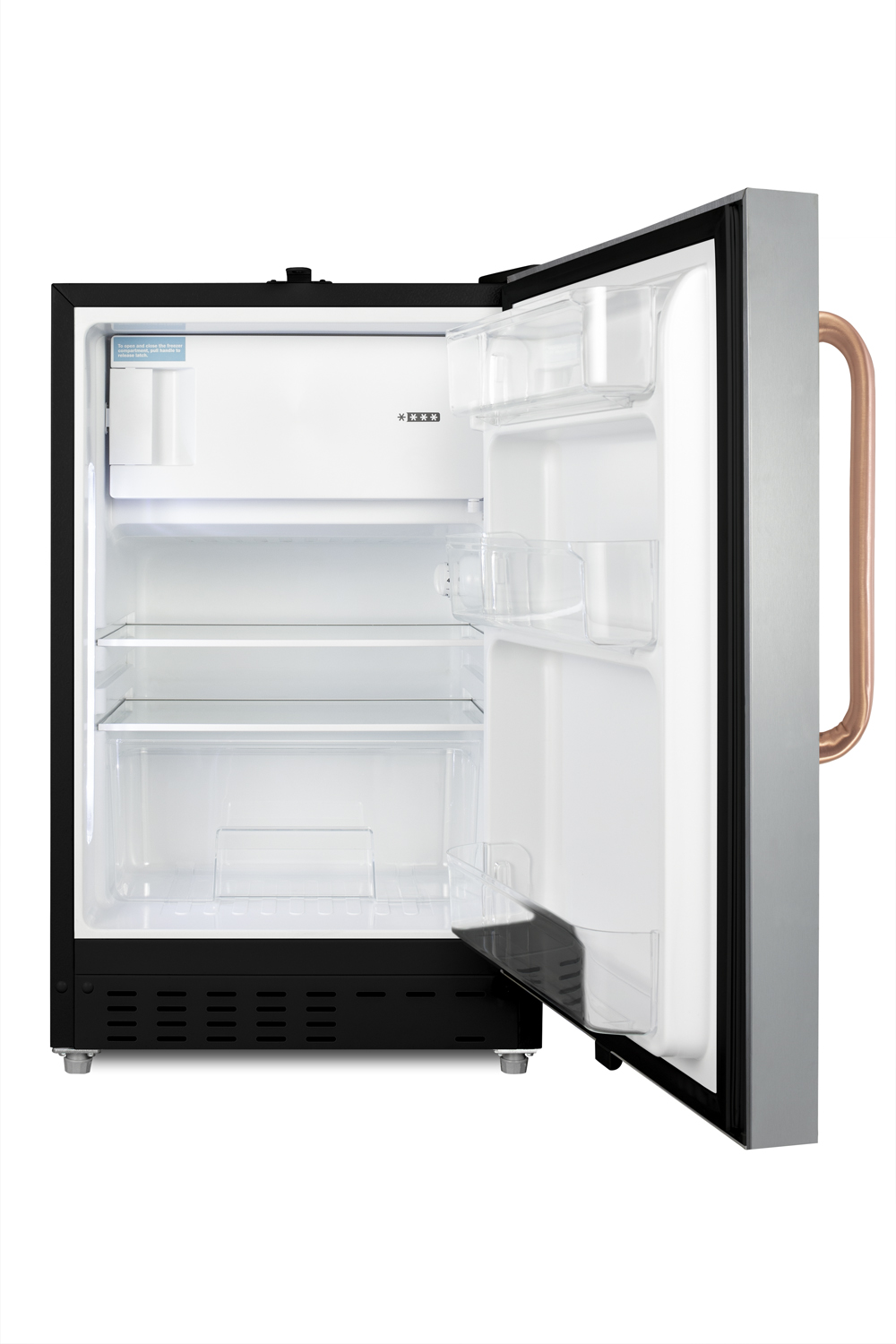Built-in undercounter, ADA compliant refrigerator-freezer designed for general purpose storage, with a stainless steel door, pure copper towel bar handle, manual defrost operation, and front lock